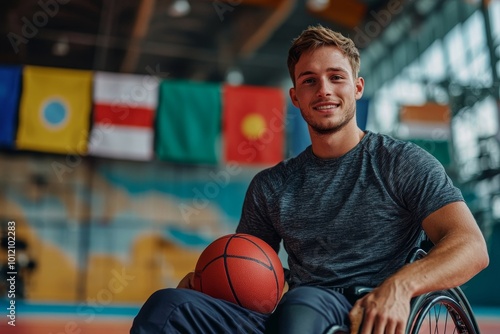 Portrait of young man using wheelchair and holding ball while looking at camera in indoor sports court with international flags in background copy, Generative AI