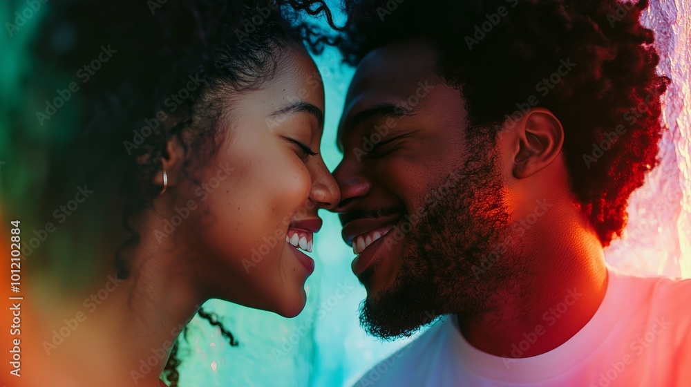 A playful black couple shares a close moment, noses touching, with vibrant colored lights in the background A playful black couple shares a close moment, noses touching, with vibrant colored lights in the background