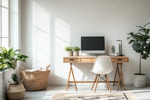 Clean background image of minimalistic apartment interior with focus on computer desk against white wall, copy space, Generative AI