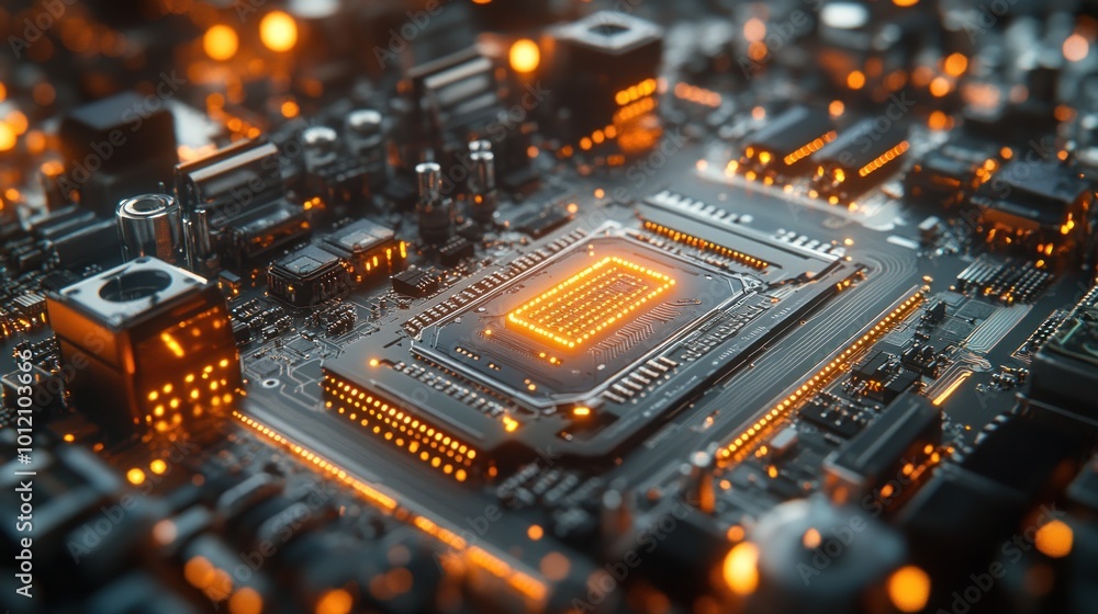 Close-up of a glowing CPU processor on a circuit board with a shallow depth of field. Close-up of a glowing CPU processor on a circuit board with a shallow depth of field.