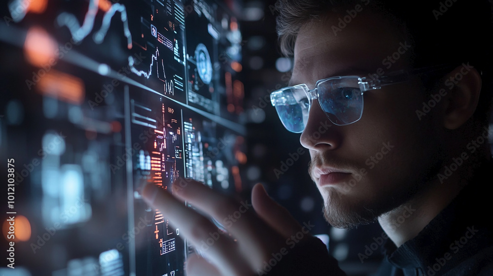 Man with glasses touching digital screen with indicators and levels created in AI Man with glasses touching digital screen with indicators and levels created in AI