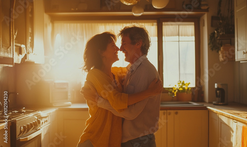 Middle aged couple dancing at home kitchen
