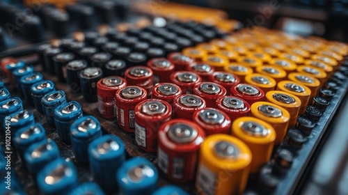 Close-up shot of various colorful batteries organized in a row. photo