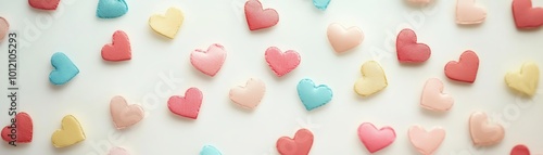 Random scattering of hearts in soft pastel colors, creating a playful pattern