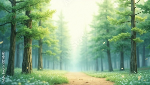 A 3D rendering of a forest in a watercolor art style, with soft, blurred edges on the trees and a gentle blend of colors, creating a painterly, serene atmosphere.