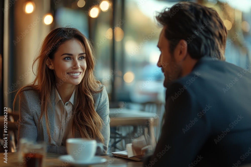 Portrait of two business people meeting at cafe table and discussing work, copy space, Generative AI Portrait of two business people meeting at cafe table and discussing work, copy space, Generative AI