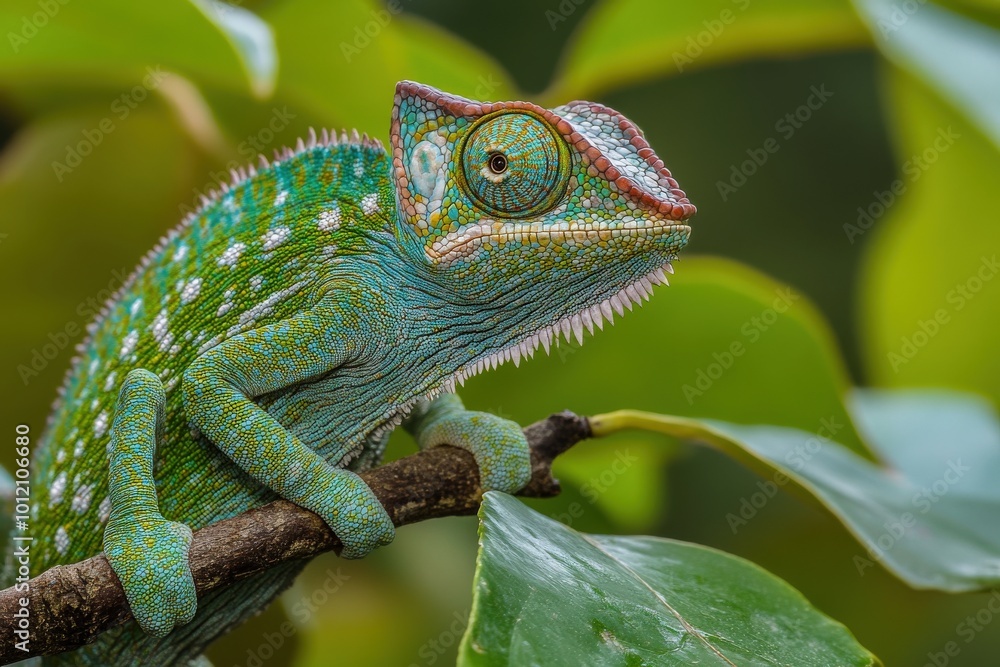 Fototapeta premium A green lizard is on a leaf, generative ai image