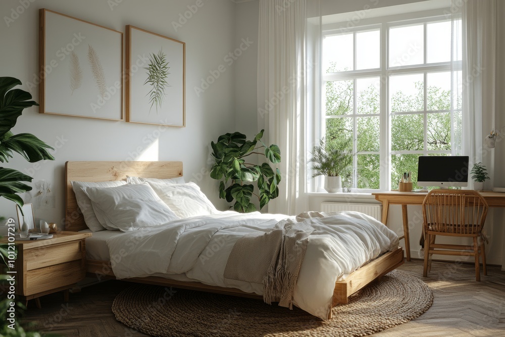 Stylish home bedroom interior with bed and rest zone. Mockup frame, Generative AI Stylish home bedroom interior with bed and rest zone. Mockup frame, Generative AI