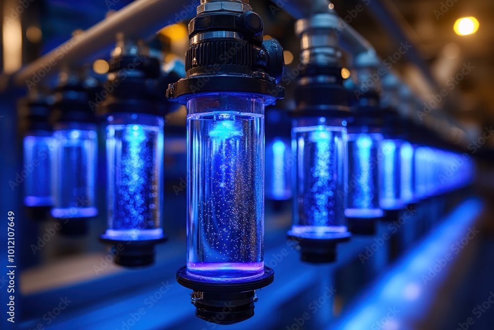 A close-up of a row of blue-lit glass cylinders, likely part of a filtration system in a factory. A close-up of a row of blue-lit glass cylinders, likely part of a filtration system in a factory.