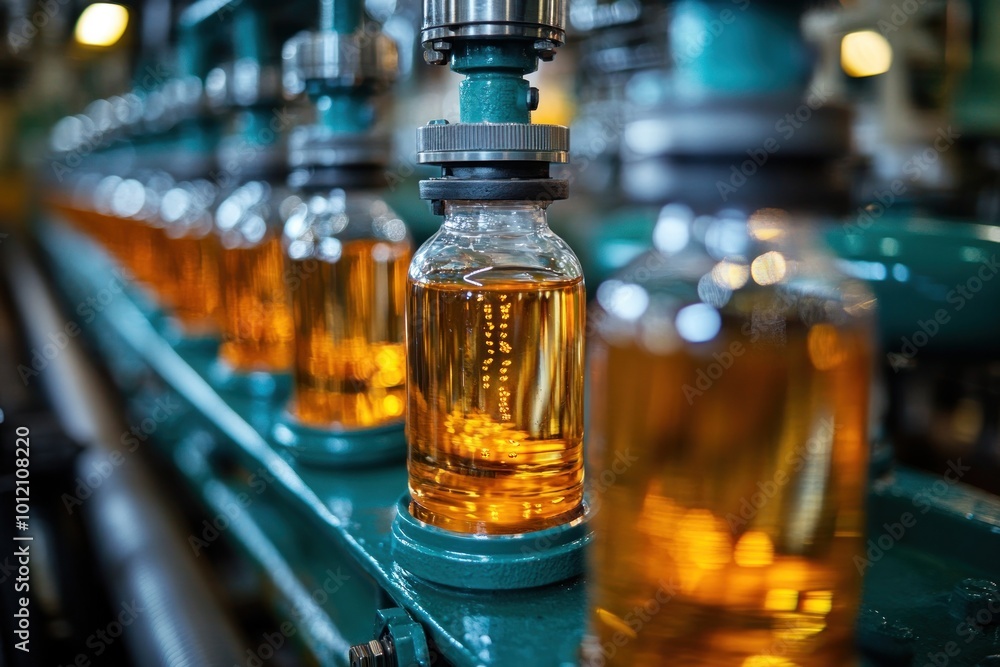 A close-up of a production line with bottles of liquid being filled and sealed. A close-up of a production line with bottles of liquid being filled and sealed.
