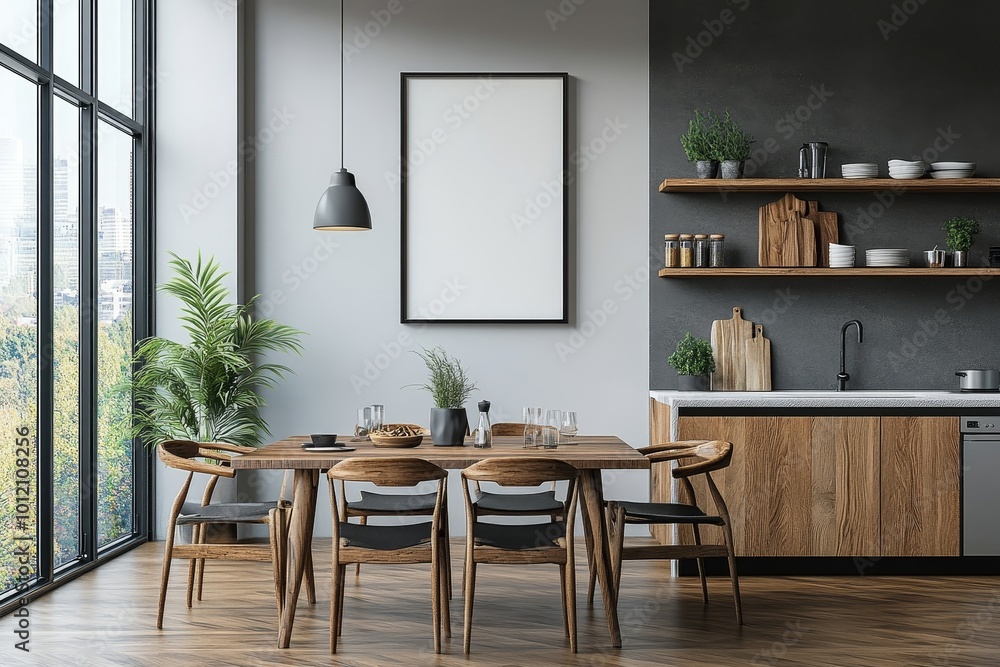 Modern kitchen interior with dark wood cabinets and appliances, large window, and tile backsplash on a light background. Contemporary design. 3D, Generative AI Modern kitchen interior with dark wood cabinets and appliances, large window, and tile backsplash on a light background. Contemporary design. 3D, Generative AI