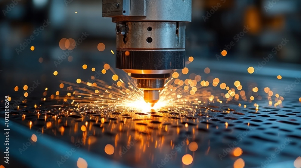 Close-up of a laser cutting machine cutting metal with sparks flying. Close-up of a laser cutting machine cutting metal with sparks flying.