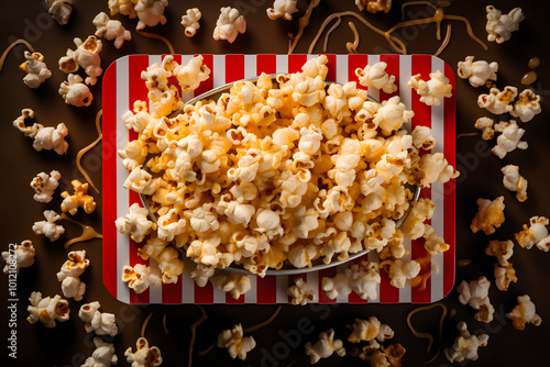 Overhead view of popcorn snacks for theater or cinem photo