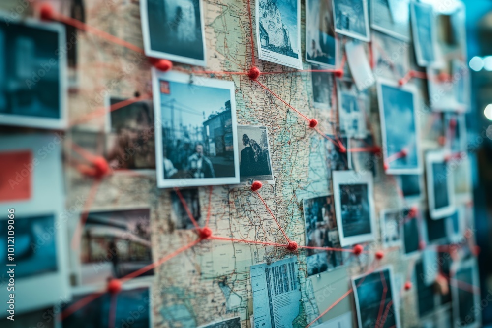Closeup background image of evidence board with red thread connecting map and pictures, copy space, Generative AI Closeup background image of evidence board with red thread connecting map and pictures, copy space, Generative AI