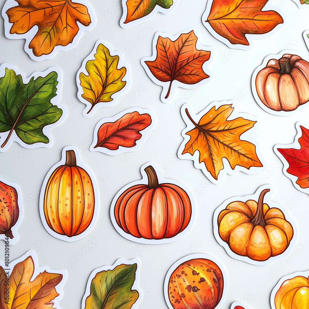 Stickers with autumn leaves and pumpkins on a white background. Stickers with autumn leaves and pumpkins on a white background.