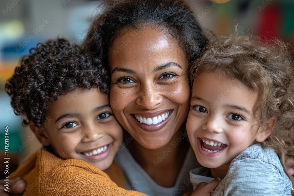 Fototapeta premium Happy mature African American teacher of nursery school embracing two adorable boys while having fun with group of intercultural kids, Generative AI