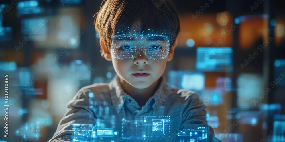 School kid working with tablet, digital hologram with face id and privacy, Generative AI School kid working with tablet, digital hologram with face id and privacy, Generative AI