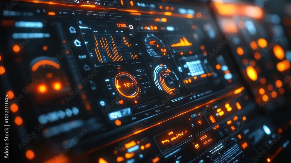 Close-up of a futuristic digital interface with glowing orange and blue elements. Close-up of a futuristic digital interface with glowing orange and blue elements.