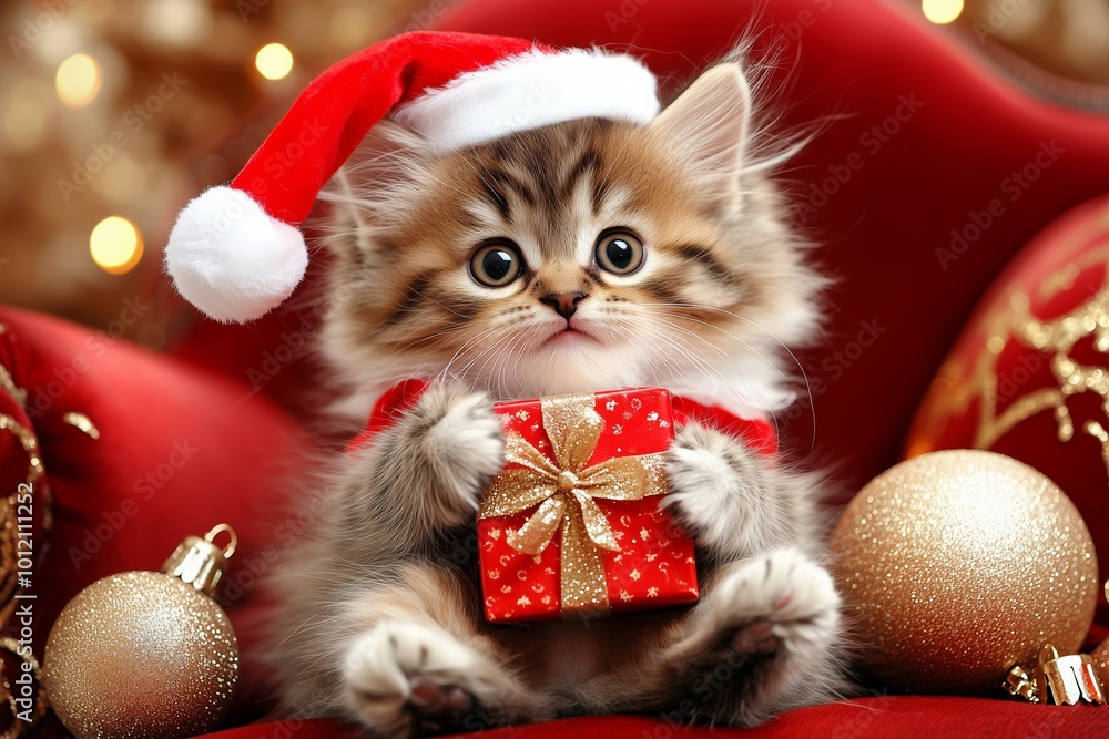 A cute fluffy kitten wearing a festive Santa hat and a red scarf, sitting on a plush red sofa and holding a small, beautifully wrapped Christmas gift with a glittery golden bow. A cute fluffy kitten wearing a festive Santa hat and a red scarf, sitting on a plush red sofa and holding a small, beautifully wrapped Christmas gift with a glittery golden bow.