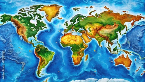 Detailed World Map Illustrating Continents, Oceans, and Geographic Features for Educational Use