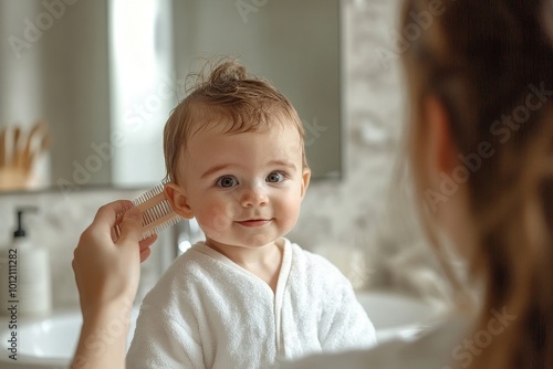 Portrait of caring Caucasian mother combing hair or mixedrace baby boy by mirror in bathroom, copy space, Generative AI photo