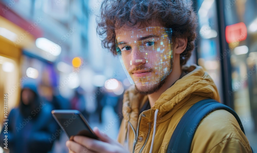 Man with smartphone, facial recognition, Generative AI Man with smartphone, facial recognition, Generative AI