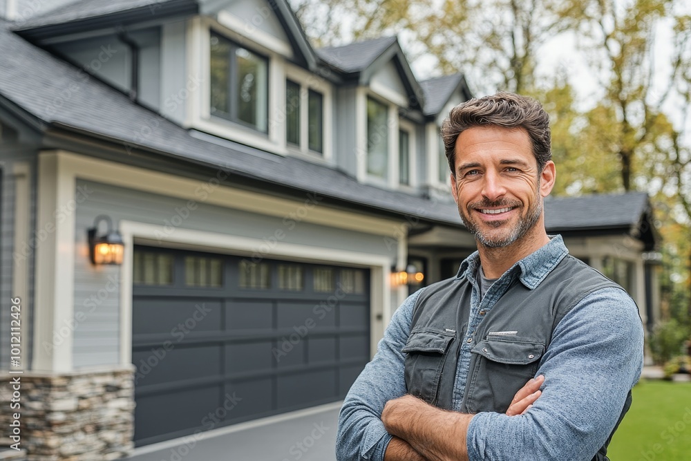 Fototapeta premium Garage Door Installation And Repair At Home. Contractor Man, Generative AI