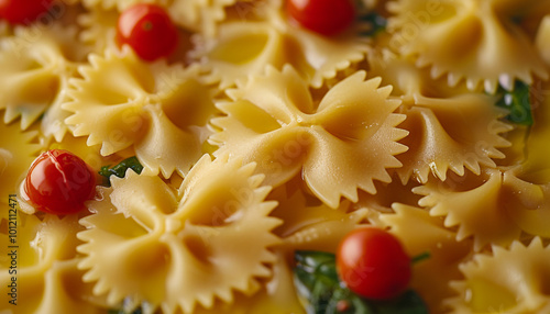 Ultra close macro of farfalle pasta tossed in a light sauce