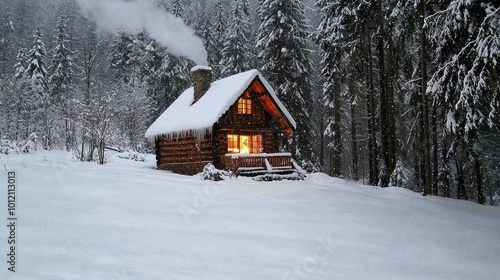 Cozy cabin in a snowy forest landscape at dusk