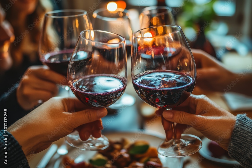 Close up of group of people toasting with wine glasses in celebration at Thanksgiving dinner table, copy space, Generative AI Close up of group of people toasting with wine glasses in celebration at Thanksgiving dinner table, copy space, Generative AI