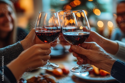 Close up of group of people toasting with wine glasses in celebration at Thanksgiving dinner table, copy space, Generative AI