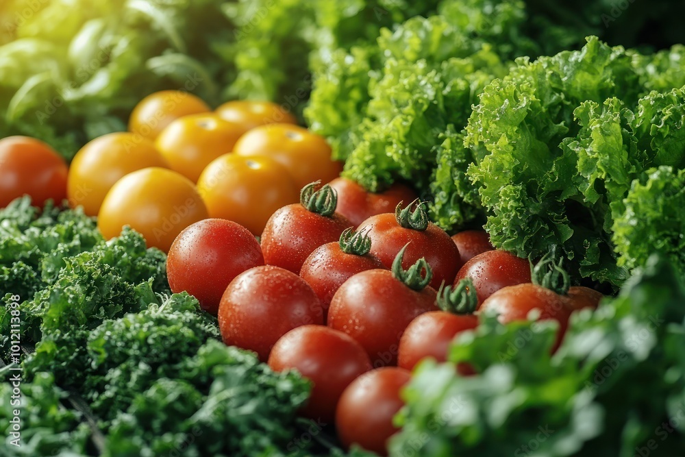 A close-up shot of fresh red and yellow tomatoes, lettuce, and kale. A close-up shot of fresh red and yellow tomatoes, lettuce, and kale.