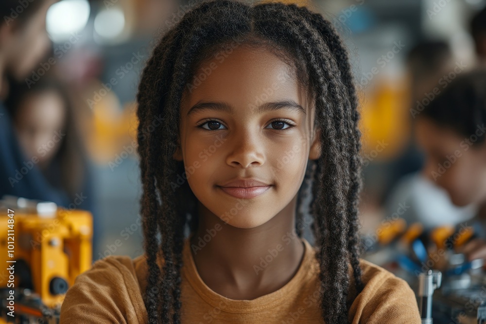 Portrait of black teenage girl building robot with diverse group of children during engineering class in school, Generative AI Portrait of black teenage girl building robot with diverse group of children during engineering class in school, Generative AI