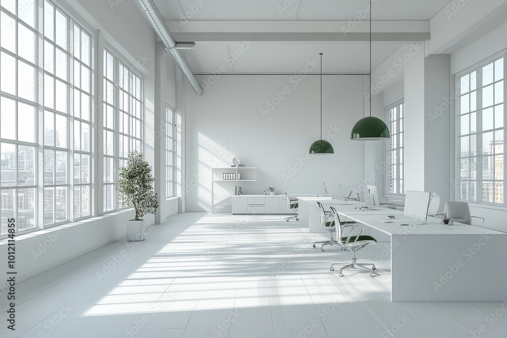 Modern office interior with white desks, chairs, green pendant lamp, and large windows, empty white wall on left, minimalistic design concept. 3D, Generative AI Modern office interior with white desks, chairs, green pendant lamp, and large windows, empty white wall on left, minimalistic design concept. 3D, Generative AI