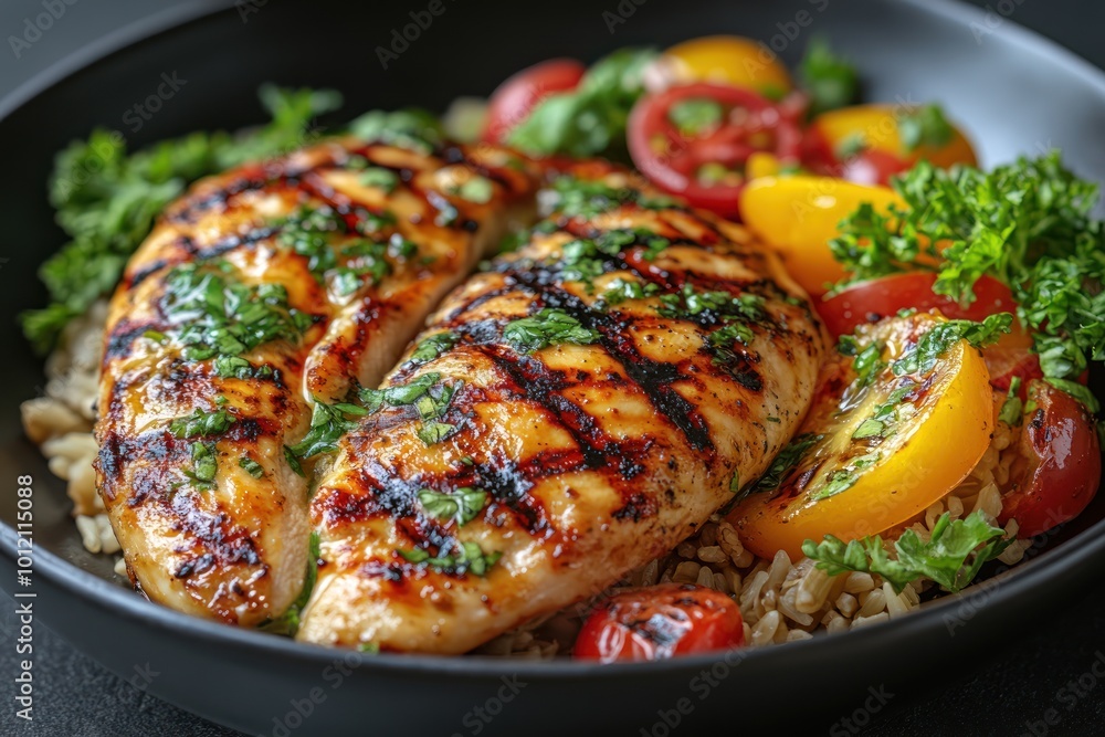 Grilled chicken breast with brown rice and cherry tomatoes in a black bowl. Grilled chicken breast with brown rice and cherry tomatoes in a black bowl.