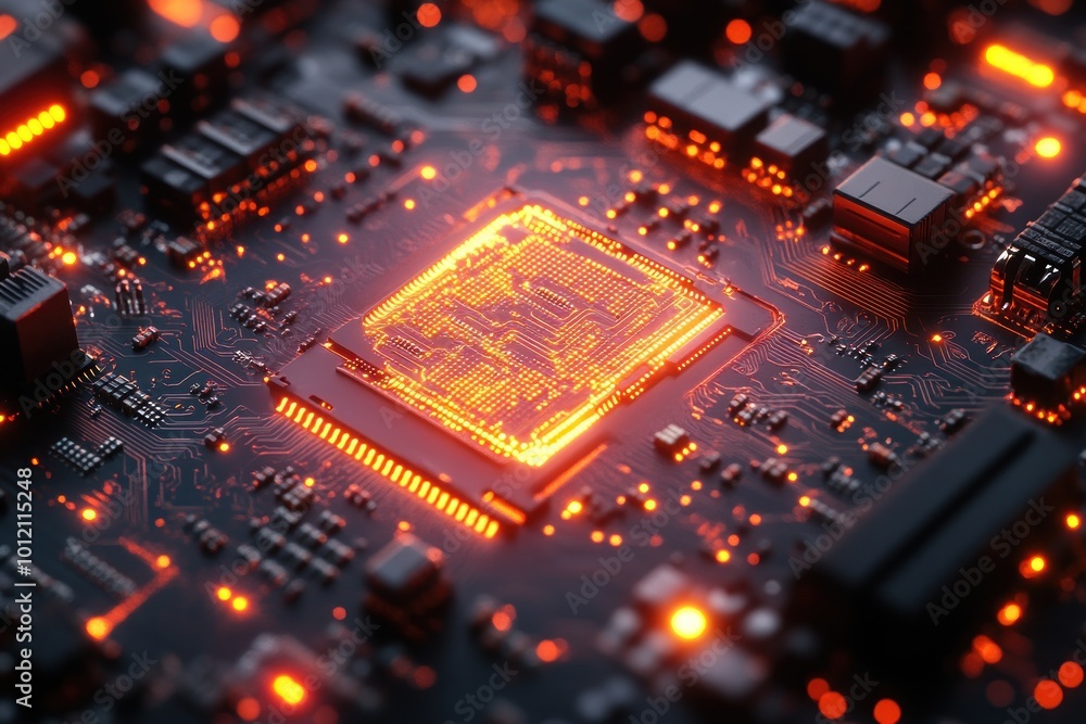 Close-up of a glowing CPU on a circuit board. Close-up of a glowing CPU on a circuit board.