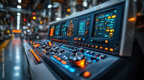 A close-up of a futuristic control panel with multiple screens and buttons.