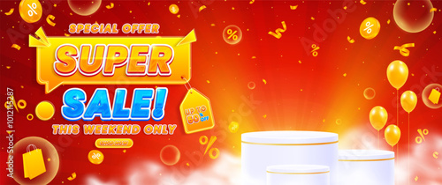 Realistic super sale banner template promotion sale banner with podium