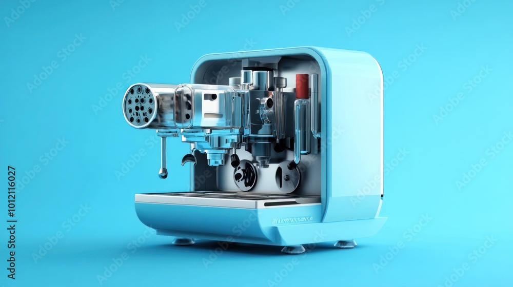 A light blue espresso machine designed for brewing coffee. A light blue espresso machine designed for brewing coffee.