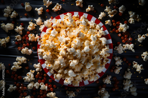 Overhead view of popcorn snacks for theater or cinem photo