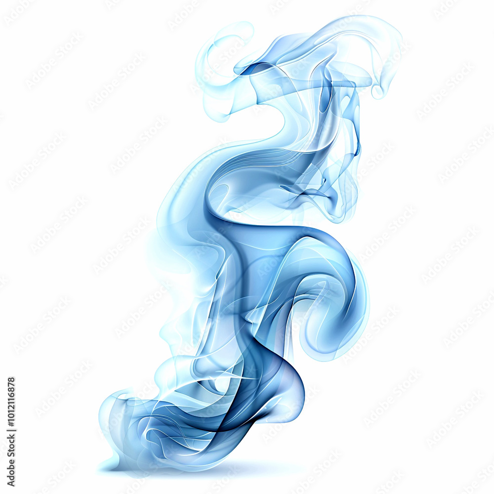 Mystical blue smoke swirling elegantly against a bright white background Mystical blue smoke swirling elegantly against a bright white background
