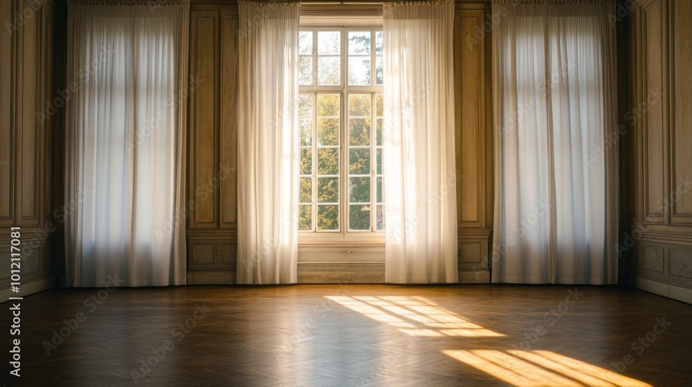 Obraz premium A sunlit room with large windows and flowing curtains, creating a serene atmosphere.