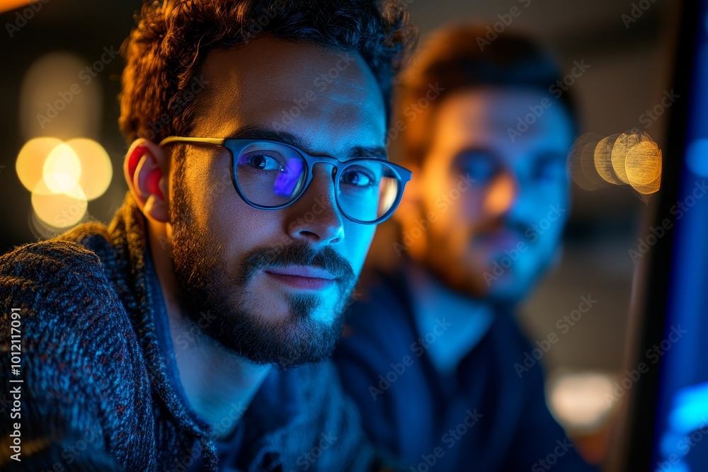 Portrait of male computer programmer wearing glasses working in office at night with colleague watching, Generative AI Portrait of male computer programmer wearing glasses working in office at night with colleague watching, Generative AI