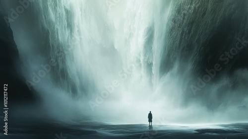 Majestic Waterfall Plunges into Serene Pond, Silhouetted Figure Stands in Awe