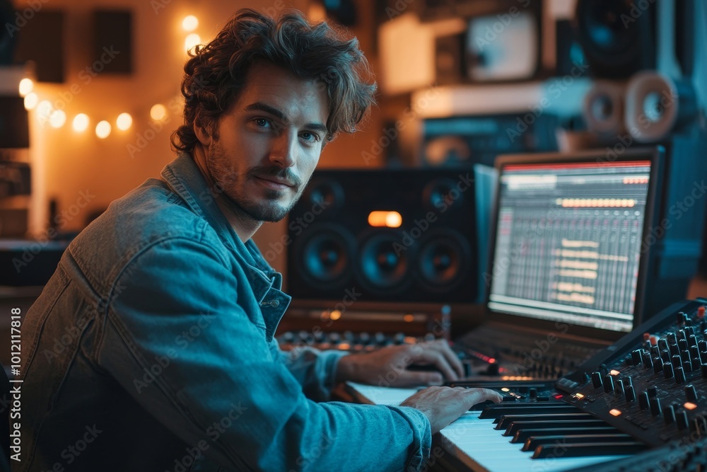 Portrait of male music producer using digital audio workstation while working with artists in professional recording studio, Generative AI Portrait of male music producer using digital audio workstation while working with artists in professional recording studio, Generative AI