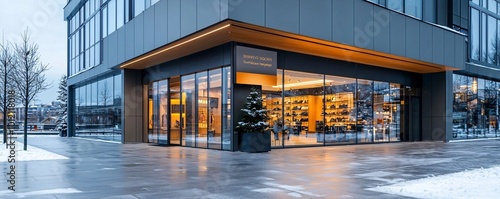 Modern Store Front with Glass Facade and Illuminated Sign.