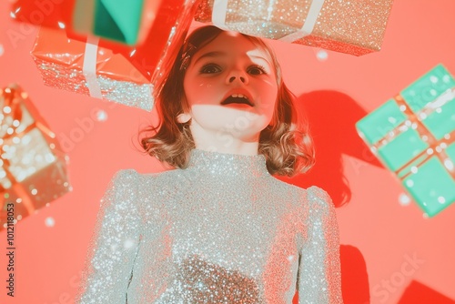 ynamic and playful scene featuring a portrait of a little toddler girl in a silver glitter dress and several holiday gifts flying around against a bright red wall photo