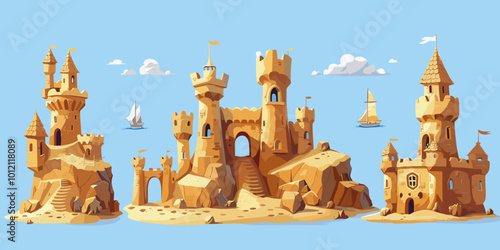 Three sandcastles are shown in a blue sky. The castles are of different sizes and are situated on a beach. A boat is also visible in the background, adding to the beachy atmosphere