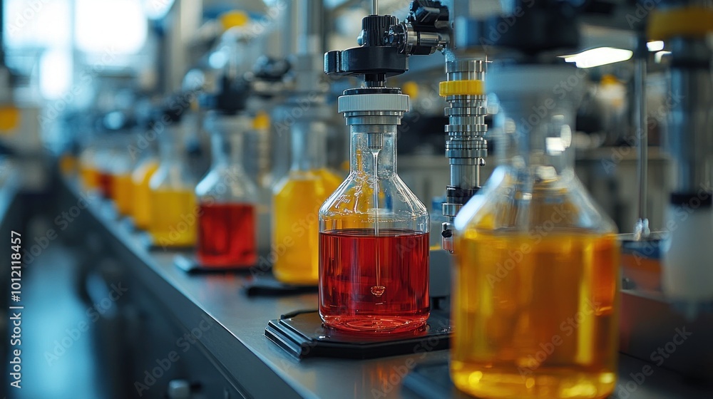 Bottles of colorful liquids being filled on a factory assembly line, with a close up of the red bottle. Bottles of colorful liquids being filled on a factory assembly line, with a close up of the red bottle.