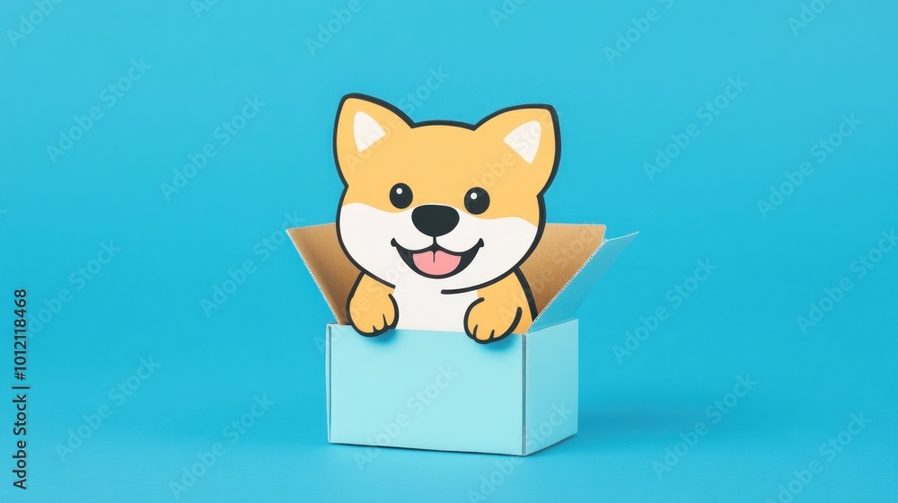 A cartoonish corgi peeks out of a light blue box against a bright blue background. A cartoonish corgi peeks out of a light blue box against a bright blue background.